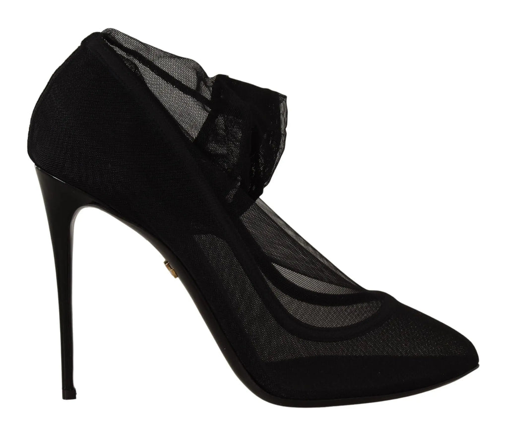 Dolce & gabbana black tulle stretch boots pumps with sheer mesh panels and satin bow at the ankle