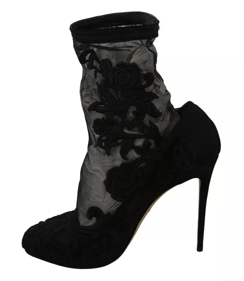 Dolce & gabbana bottines noires en tulle stretch avec tige en mesh transparent et bout en velours noir