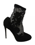 Dolce & gabbana bottines noires en tulle stretch avec talon aiguille et broderie florale en dentelle
