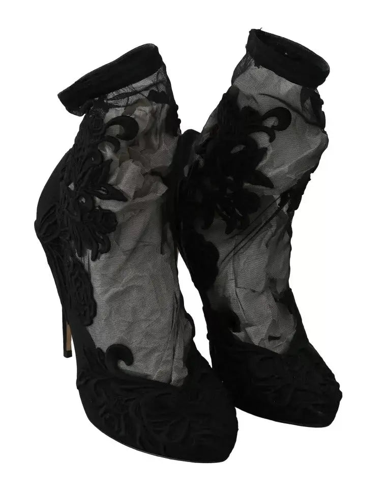 Dolce & gabbana bottines noires en tulle stretch avec panneaux en maille transparente et broderie florale ornée