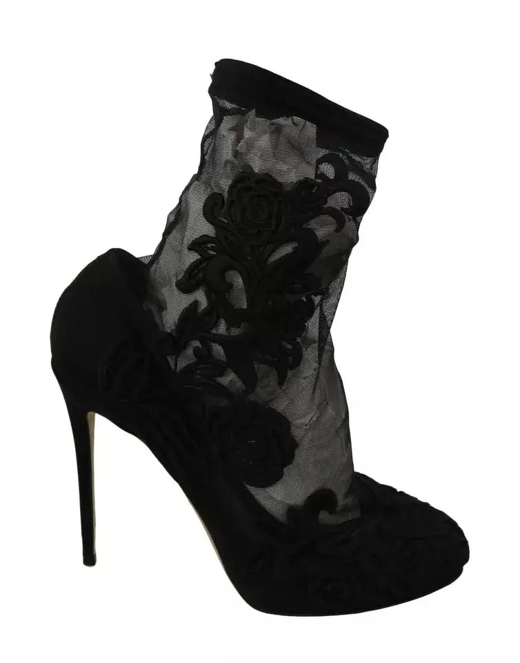 Boutons noirs en tulle stretch dolce & gabbana avec talon stiletto haut et broderie florale