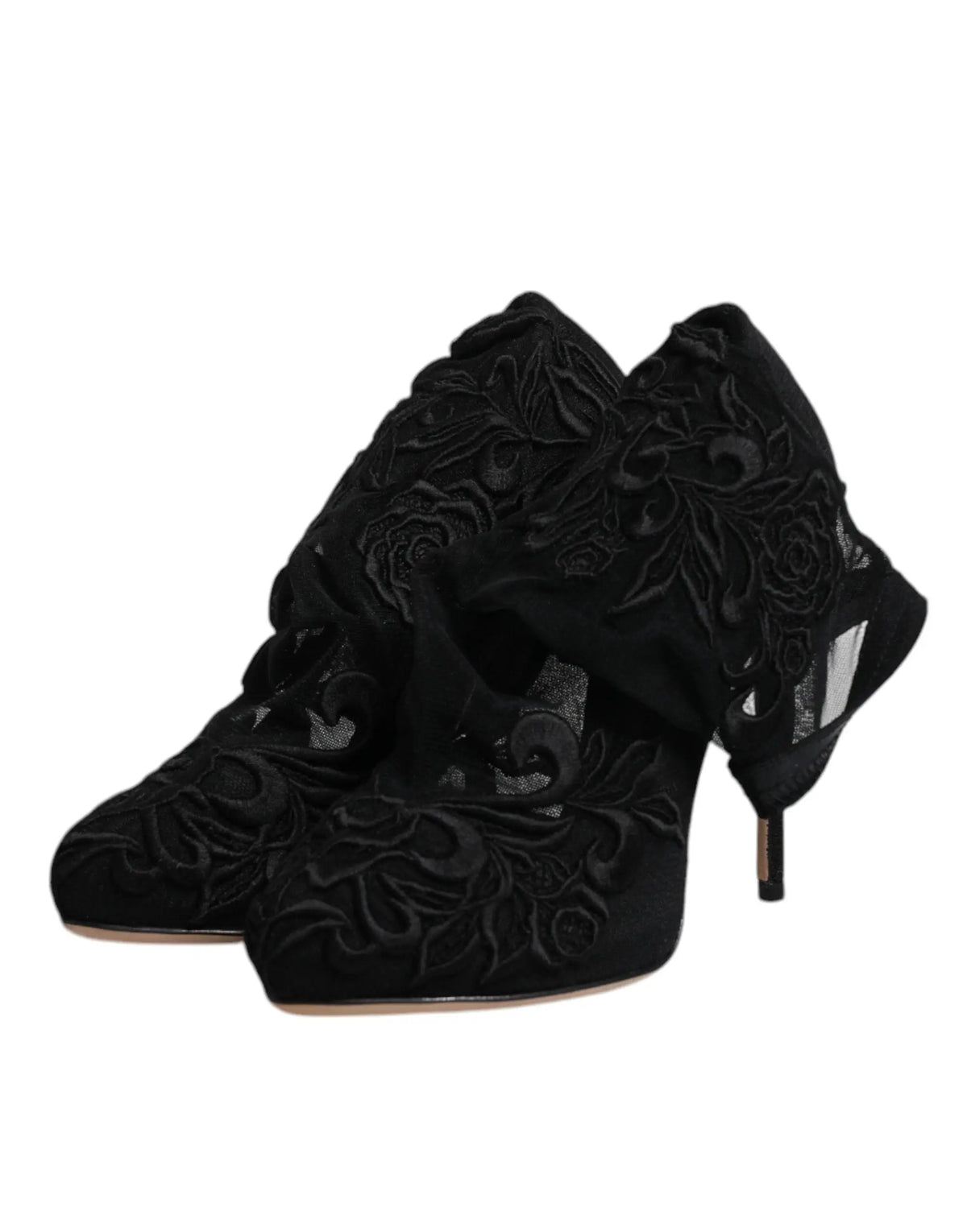 Dolce & gabbana bottes mi-mollet en tulle noir stretch avec talon fin et détails floraux en velours noir brodé