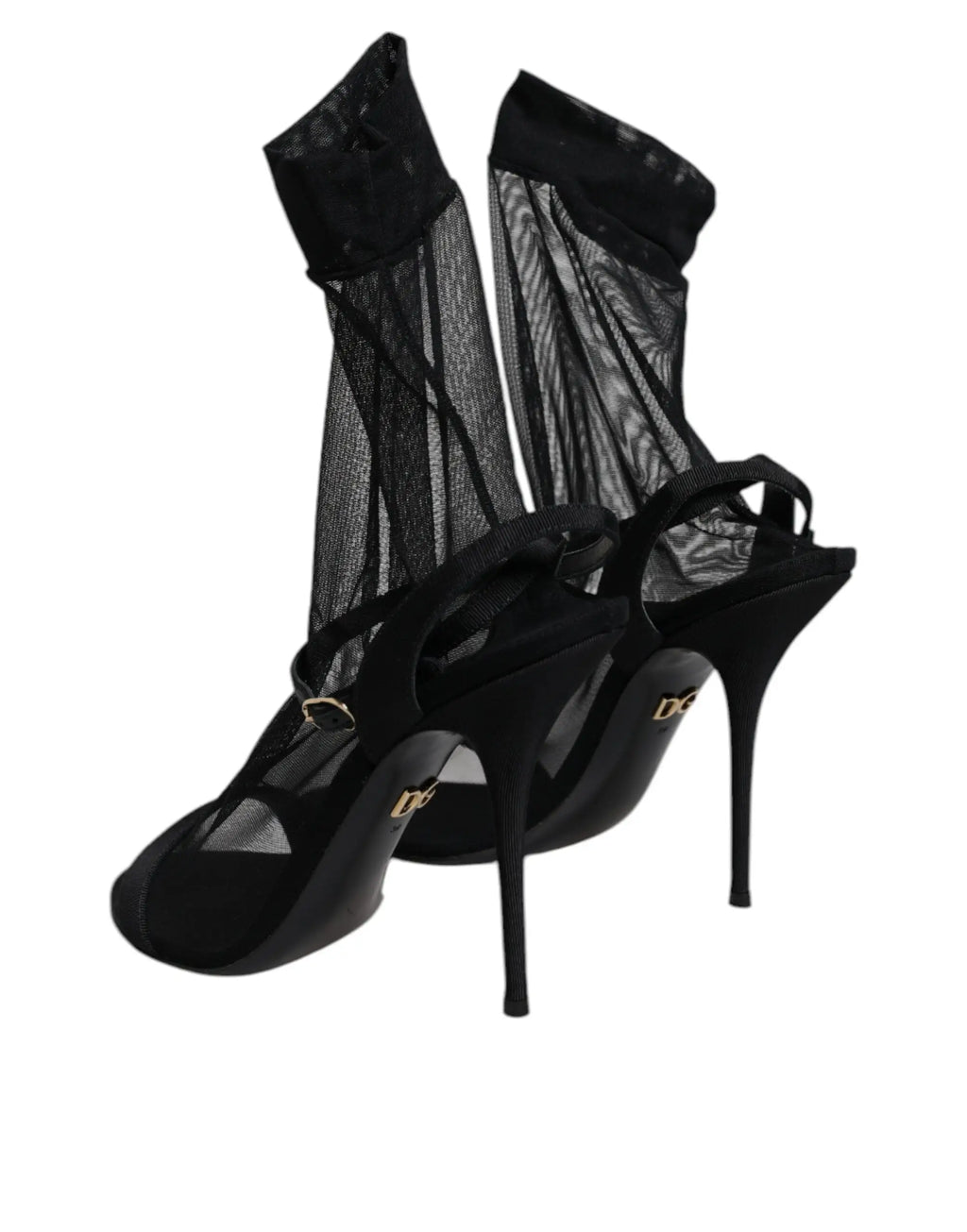 Sandales à talons dolce gabbana noires en tulle stretch avec empeigne en mesh transparent et logo doré au talon vue arrière