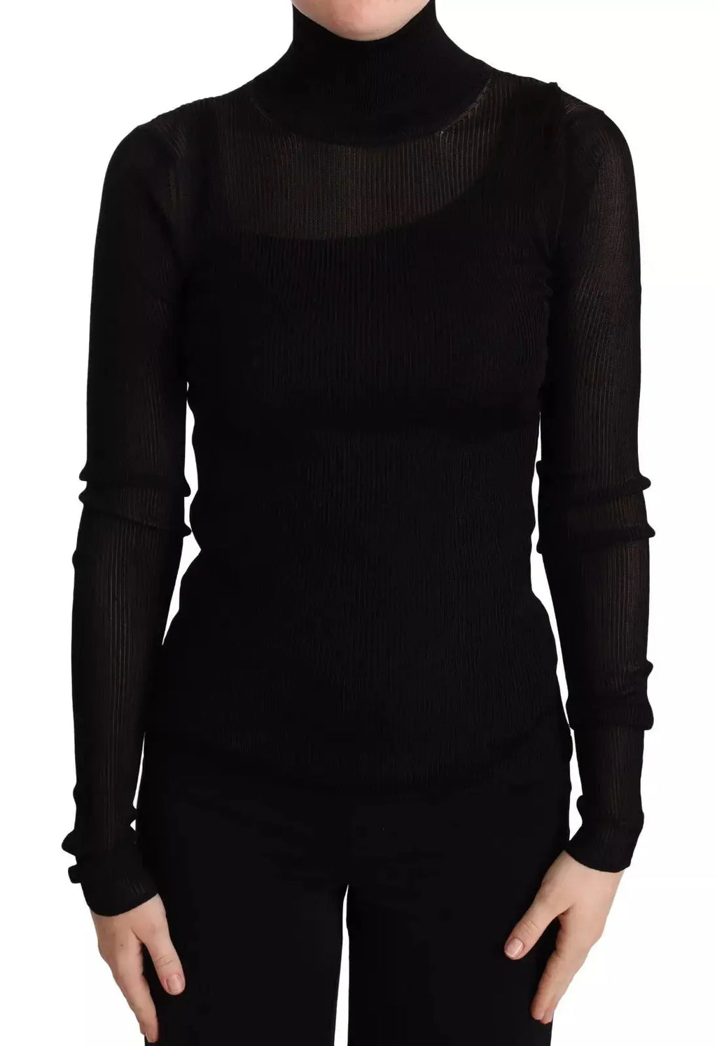 Dolce & gabbana pull col roulé noir ajusté en maille côtelée transparente avec poignets froncés