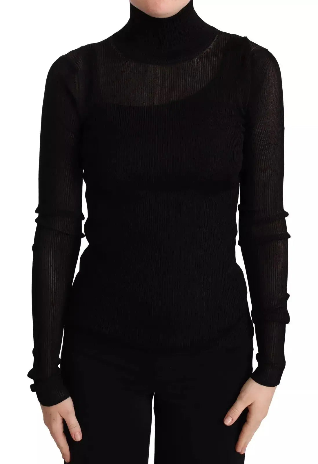 Dolce & gabbana pull col roulé noir ajusté en maille côtelée transparente avec poignets froncés