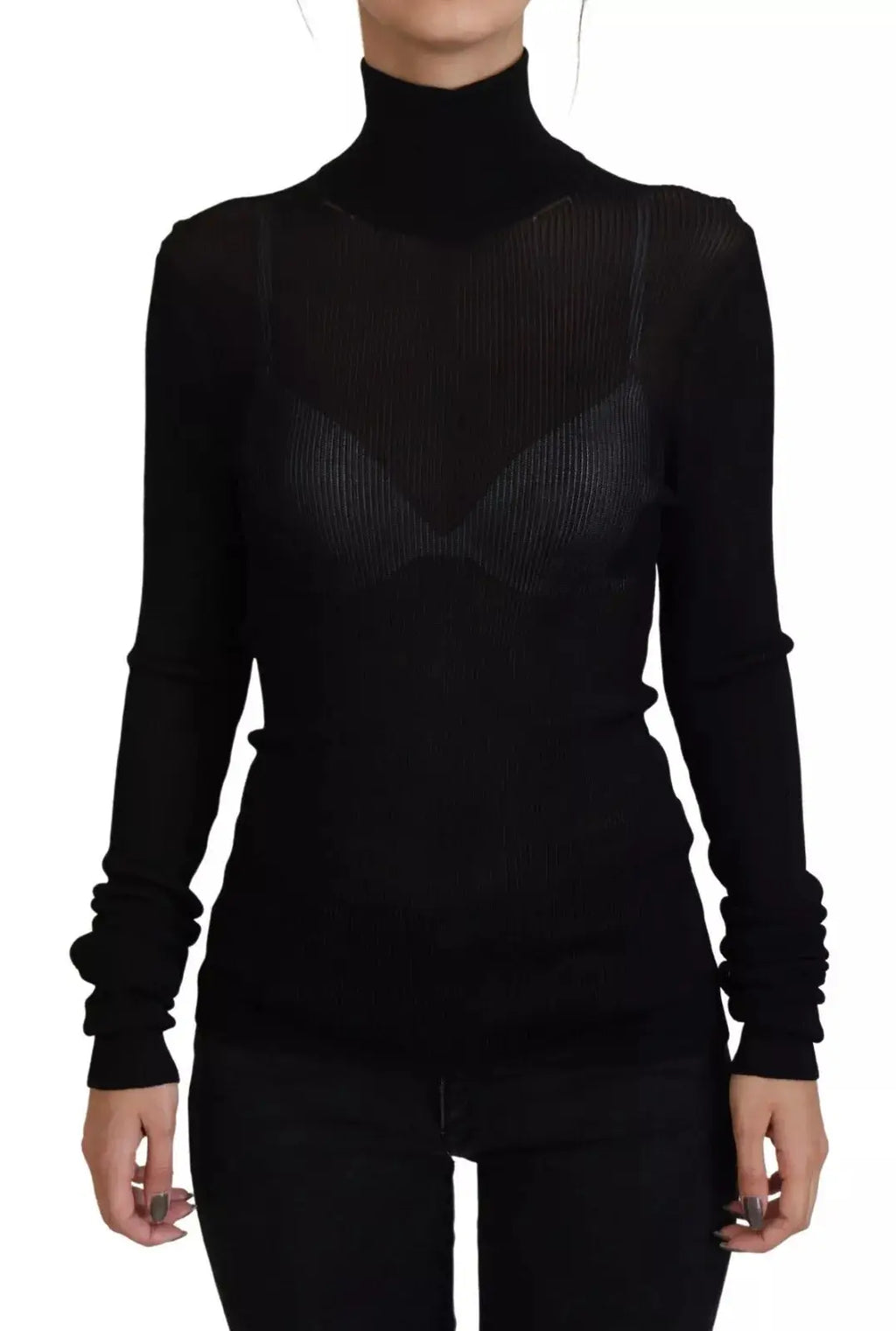 Dolce & gabbana pull à col roulé noir slim fit avec panneaux en mesh côtelé transparent sur poitrine et épaules