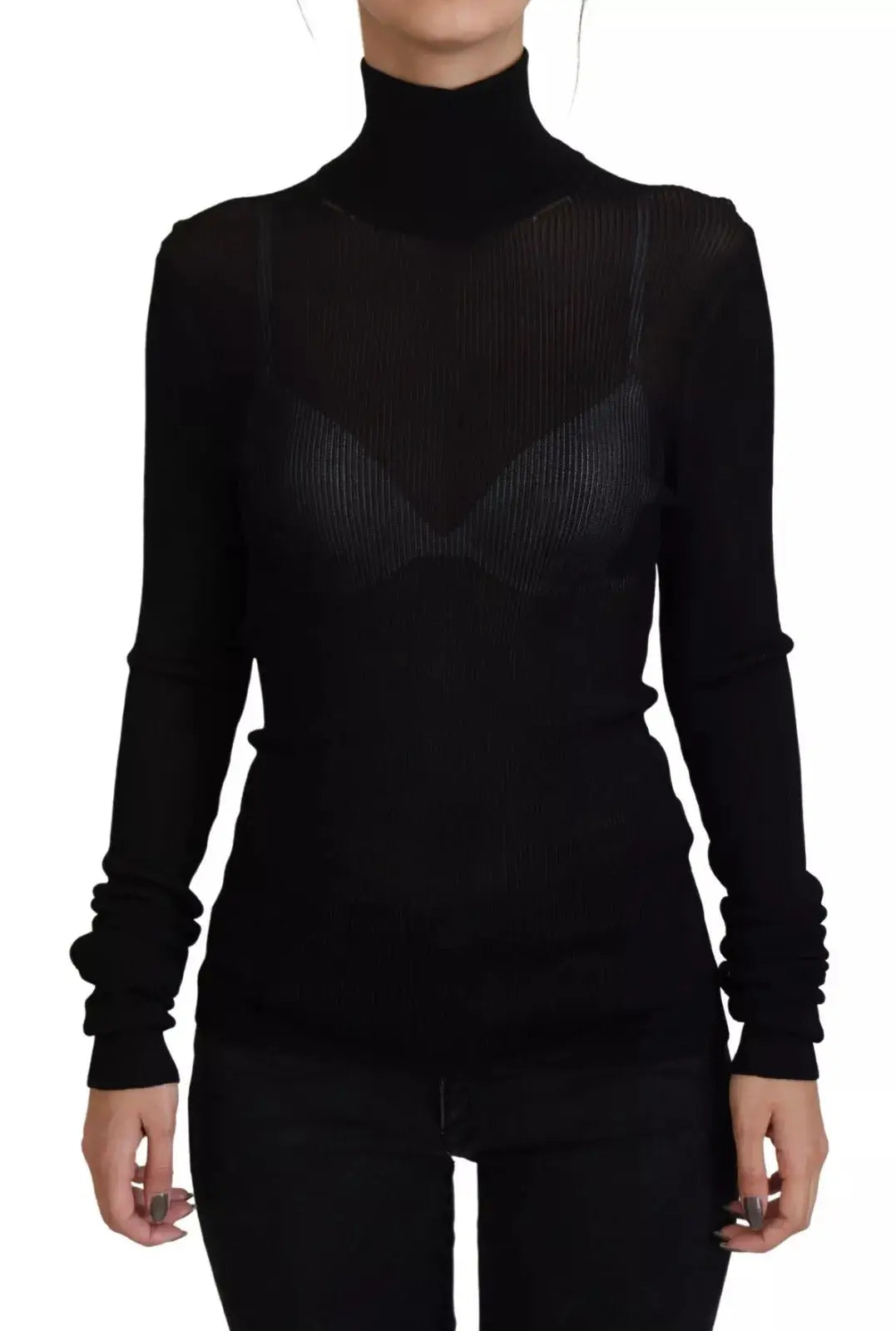 Dolce & gabbana pull à col roulé noir slim fit avec panneaux en mesh côtelé transparent sur poitrine et épaules
