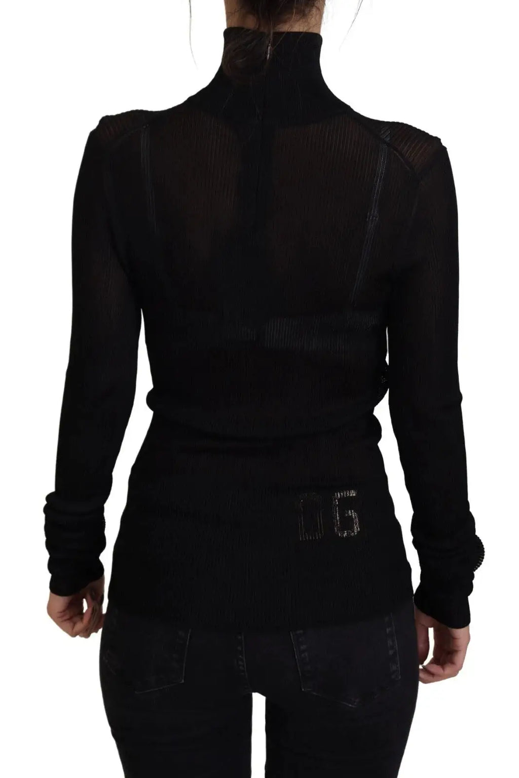 Pull noir dolce gabbana en maille fine à col roulé transparent avec texture côtelée vue de dos avec logo dg brodé