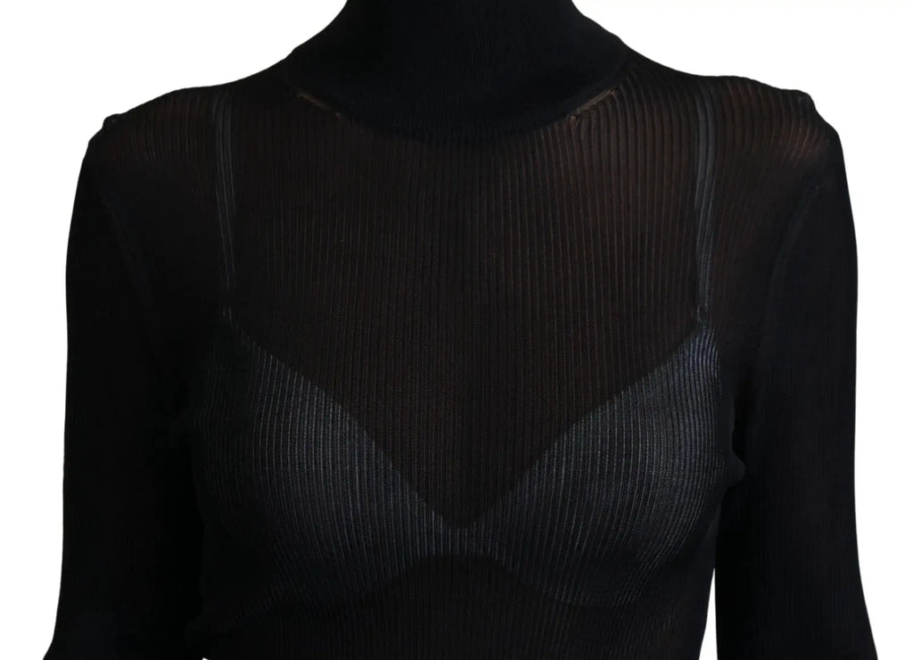 Pull col roulé noir dolce & gabbana en maille fine slim fit avec panneau avant en mesh texturé transparent
