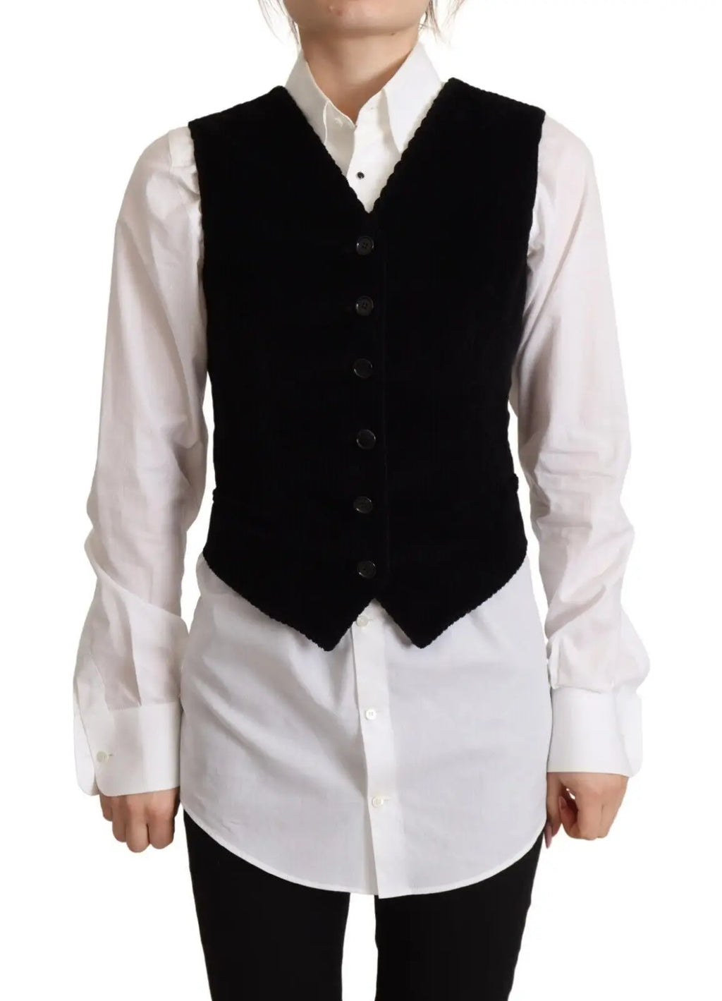 Dolce & Gabbana gilet noir en velours avec col en v classique et cinq boutons sombres en velours côtelé léopard