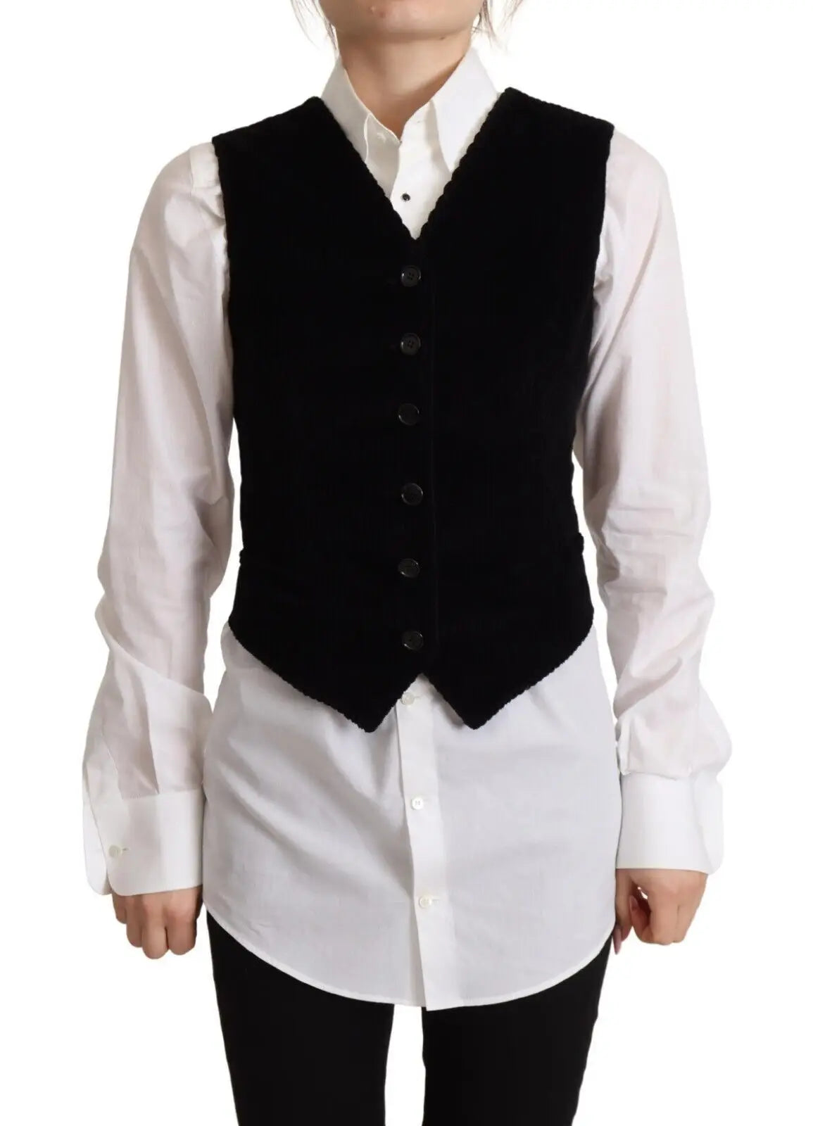 Dolce & Gabbana gilet noir en velours avec col en v classique et cinq boutons sombres en velours côtelé léopard