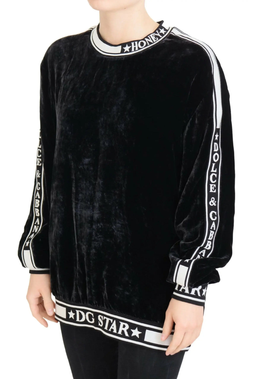 Dolce & gabbana pull en velours noir avec étoile blanche et bordure lettre au col, manches et ourlet