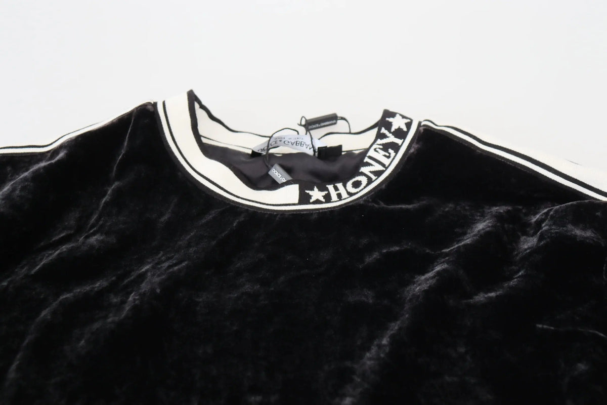 Dolce & gabbana pull col rond en velours noir avec col côtelé blanc orné de honey et motifs étoiles