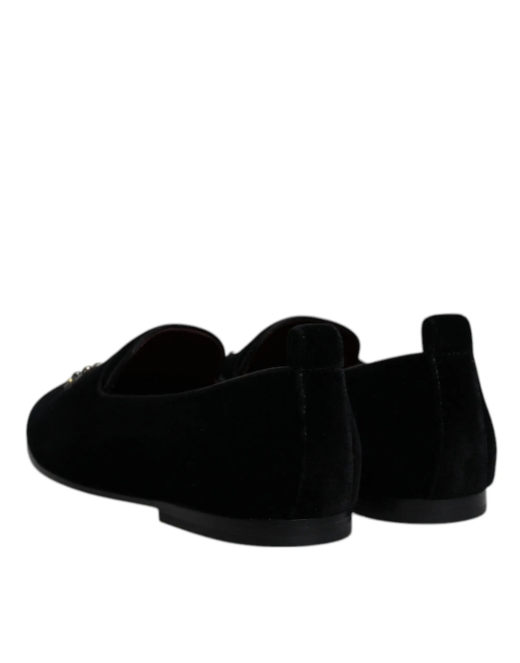 Vue arrière des mocassins dolce & gabbana noirs en velours avec logo métallique subtil parfaits pour tenue formelle