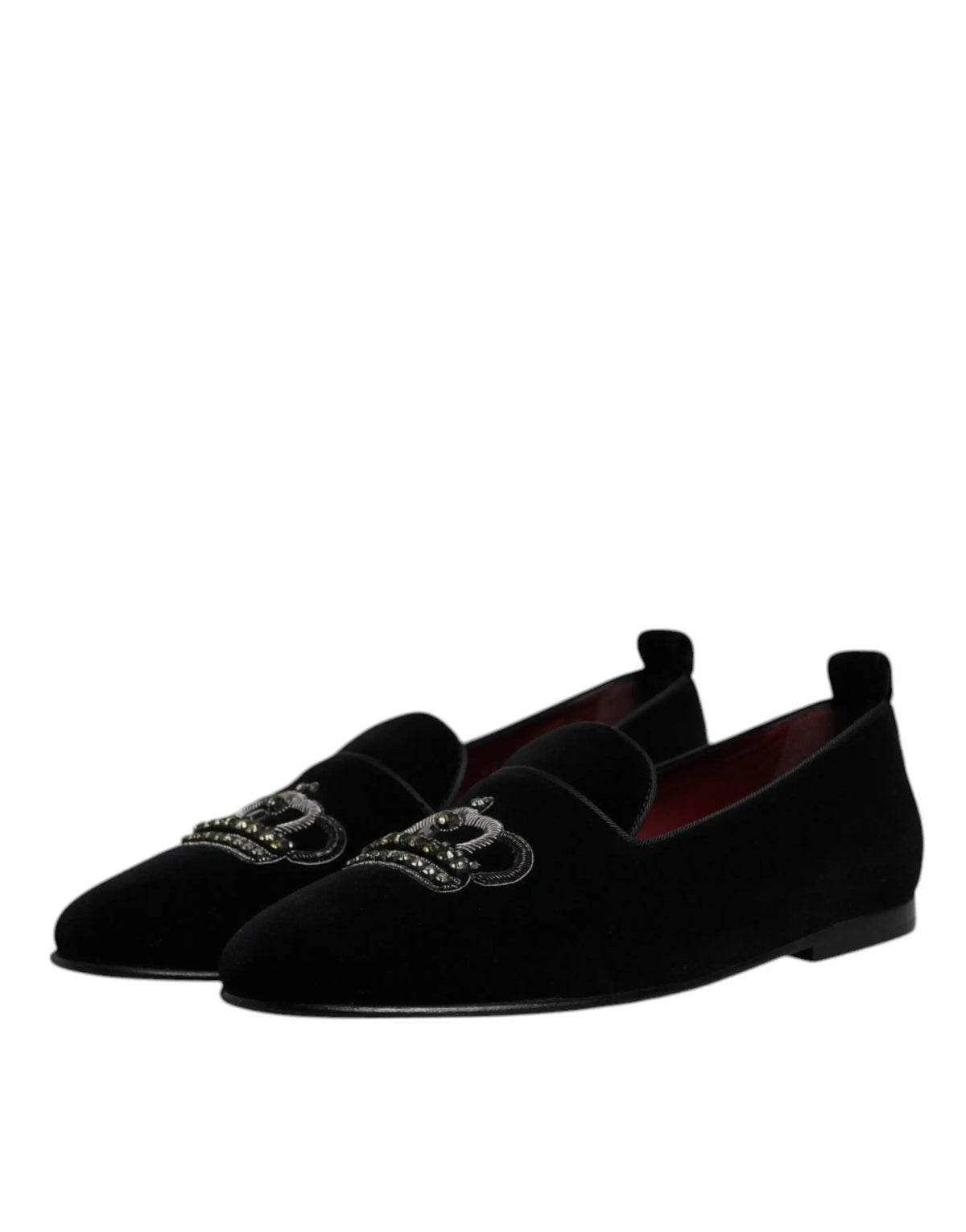 Dolce & gabbana mocassins en velours noir avec emblème de couronne en perles argentées pour tenue formelle