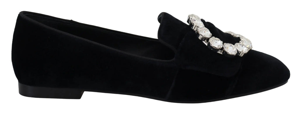 Dolce & gabbana mocassins plats en velours noir avec une rangée de cristaux clairs facettés sur la bride avant