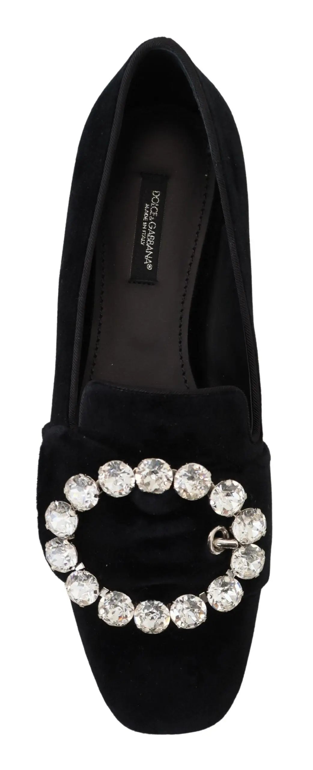 Mocassin noir en velours dolce gabbana avec boucle circulaire ornée de cristaux clairs chaussures plates