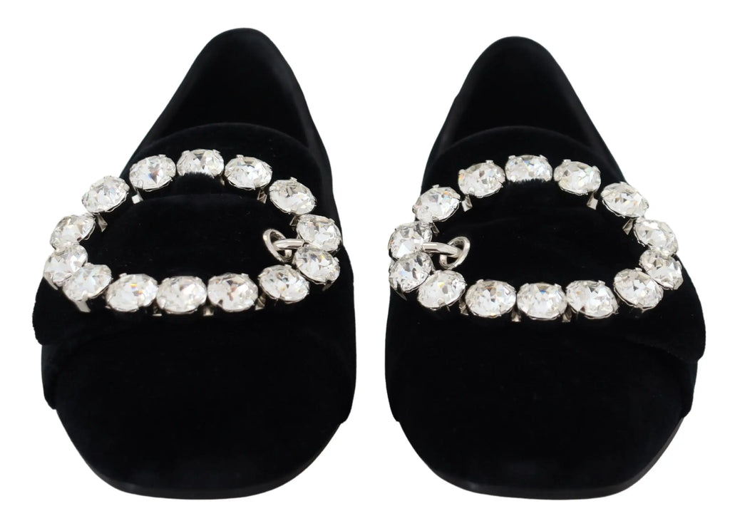 Dolce & Gabbana mocassins plats en velours noir ornés de cristaux clairs formant le logo gucci circulaire
