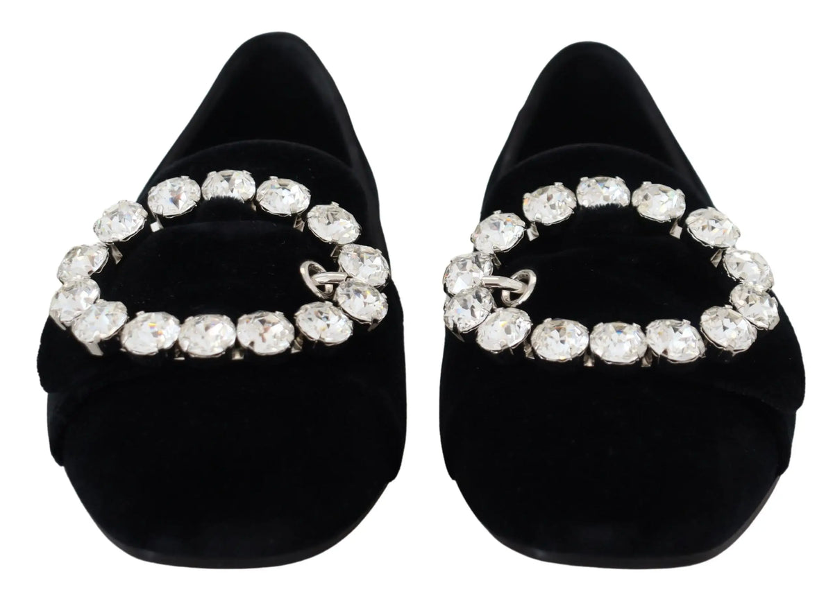 Dolce & Gabbana mocassins plats en velours noir ornés de cristaux clairs formant le logo gucci circulaire