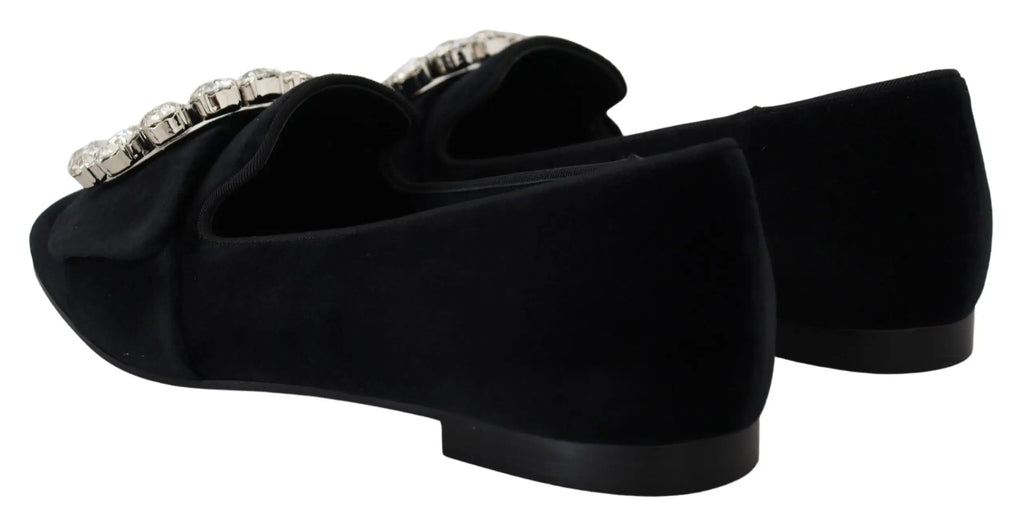 Chaussons plates dolce & gabbana en velours noir avec une rangée de strass argentés sur le dessus