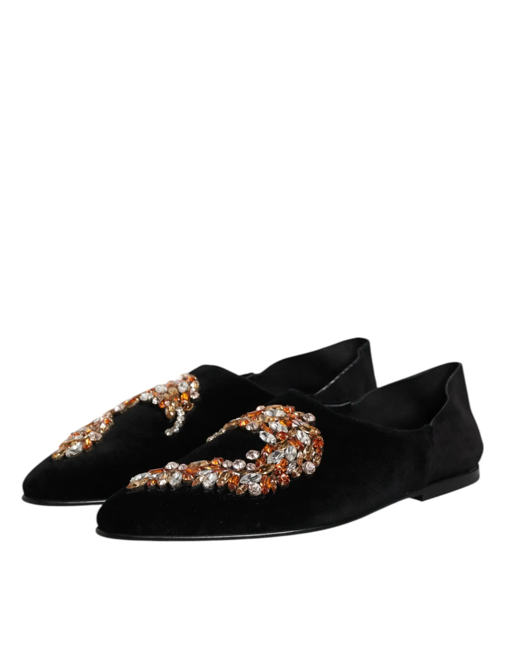 Dolce & gabbana mocassins en velours noir ornés de cristaux ambrés et clairs sur le dessus