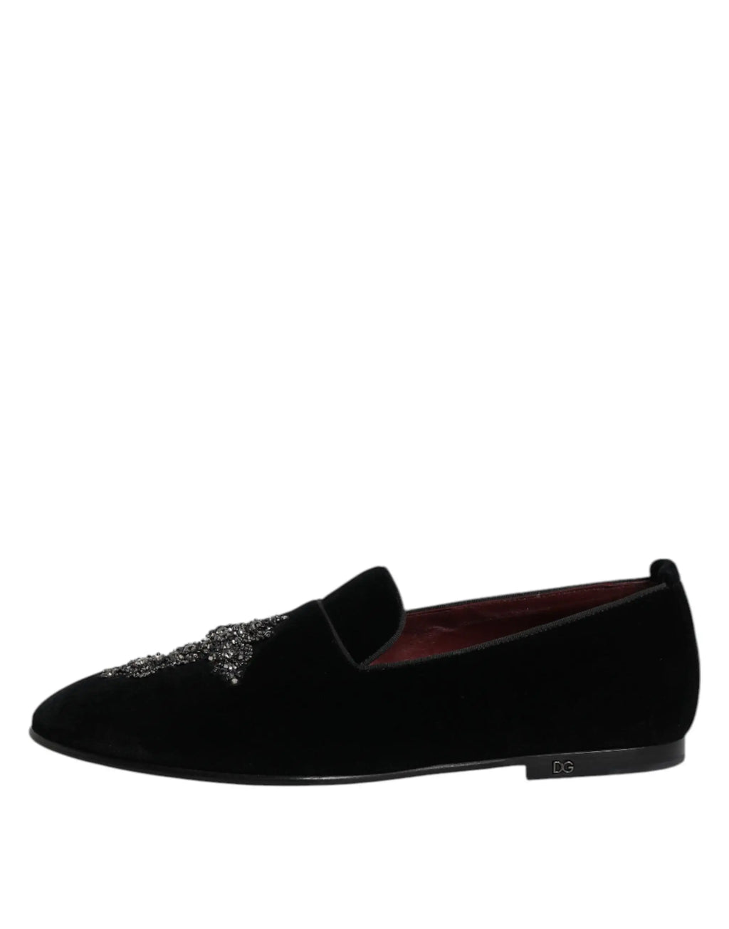 Mocassin slip-on dolce & gabbana en velours noir avec ornement argenté scintillant et doublure intérieure rouge