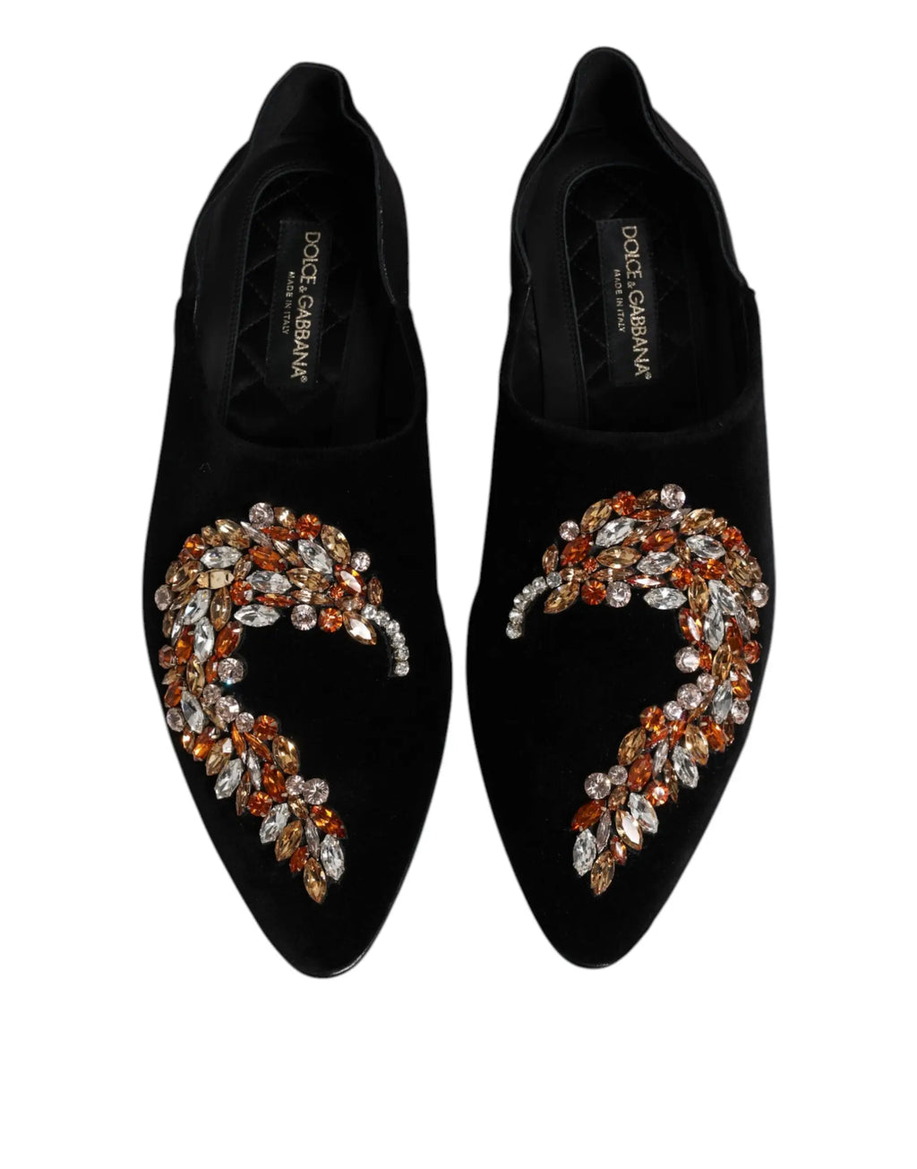 Dolce & gabbana mocassins slip-on en velours noir ornés de cristaux orange et clairs en motifs feuillages
