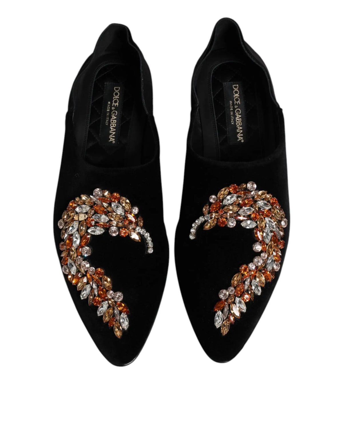 Dolce & gabbana mocassins slip-on en velours noir ornés de cristaux orange et clairs en motifs feuillages