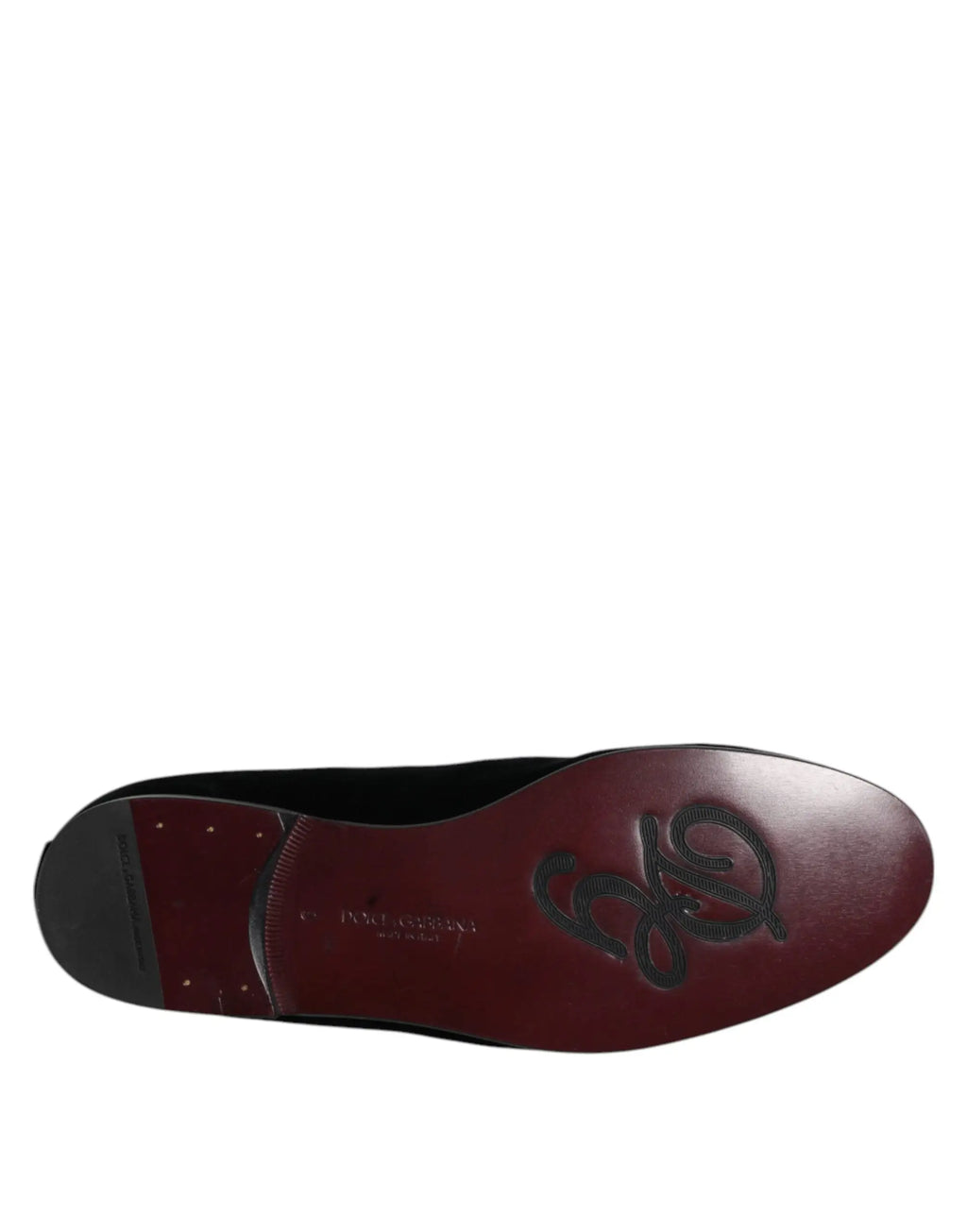 Semelle de chaussure en cuir bordeaux avec logo embossé noir de loafer dolce & gabbana en velours noir