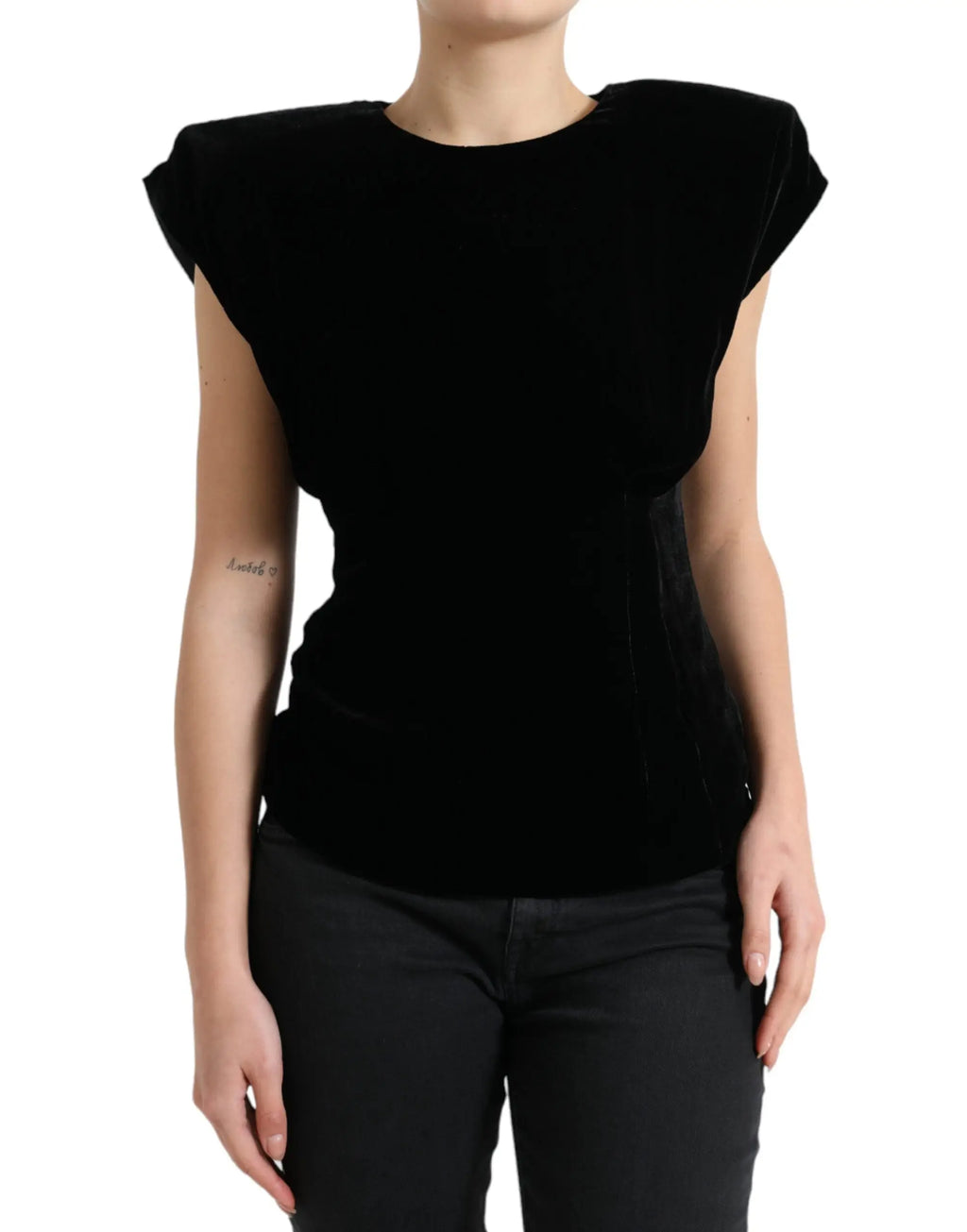 Top noir en velours dolce gabbana avec épaules structurées et padding et silhouette ajustée