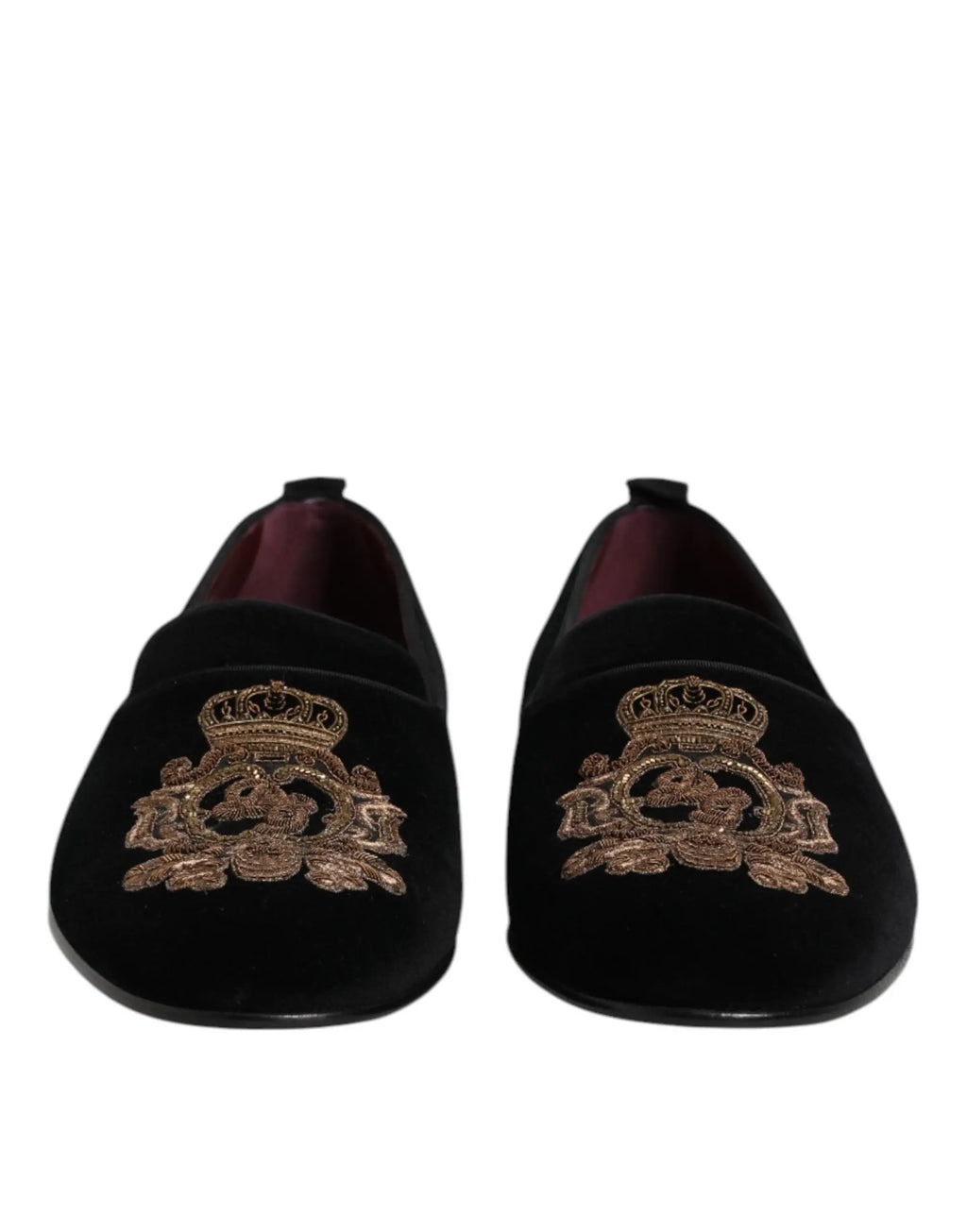 Dolce & Gabbana mocassins homme en velours noir avec broderie dorée de blason couronné