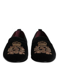 Dolce & Gabbana mocassins homme en velours noir avec broderie dorée de blason couronné