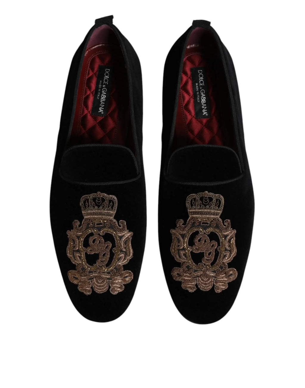 Dolce & gabbana mocassins homme en velours noir avec écusson doré brodé et couronne sur le dessus