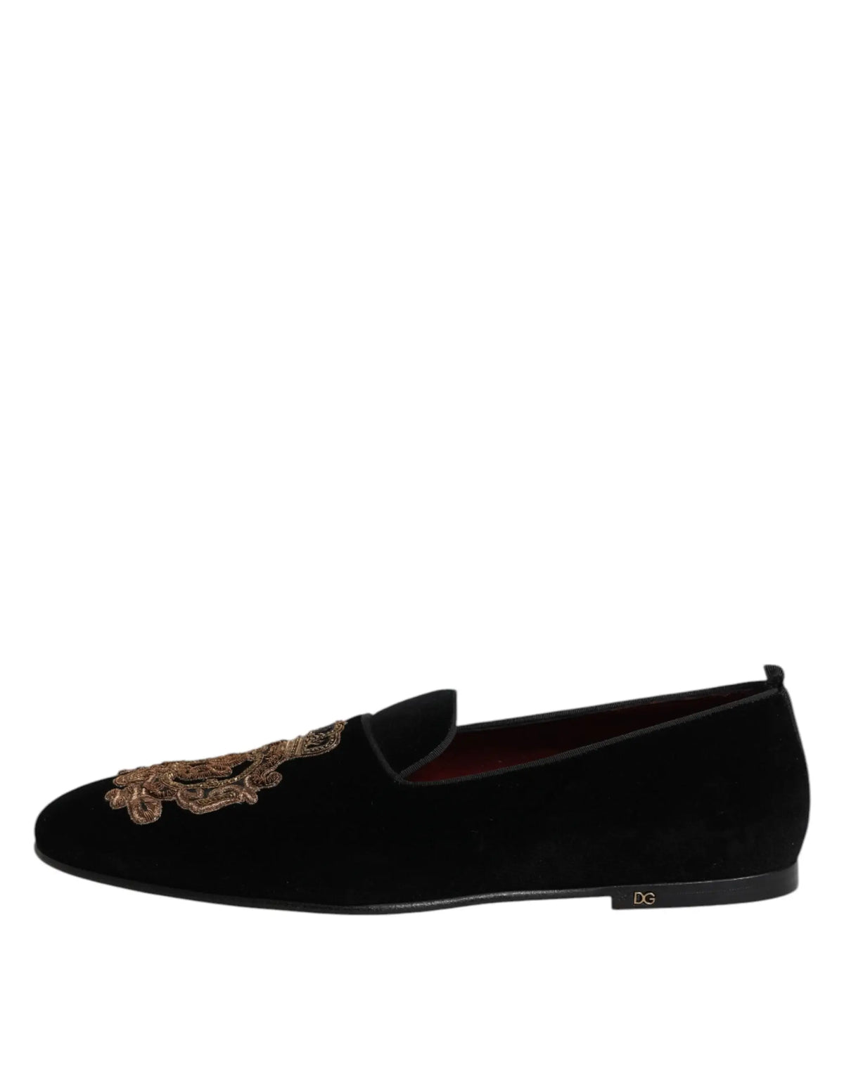Dolce & Gabbana mocassins homme en velours noir avec broderie florale dorée et logo dg au talon vue arrière