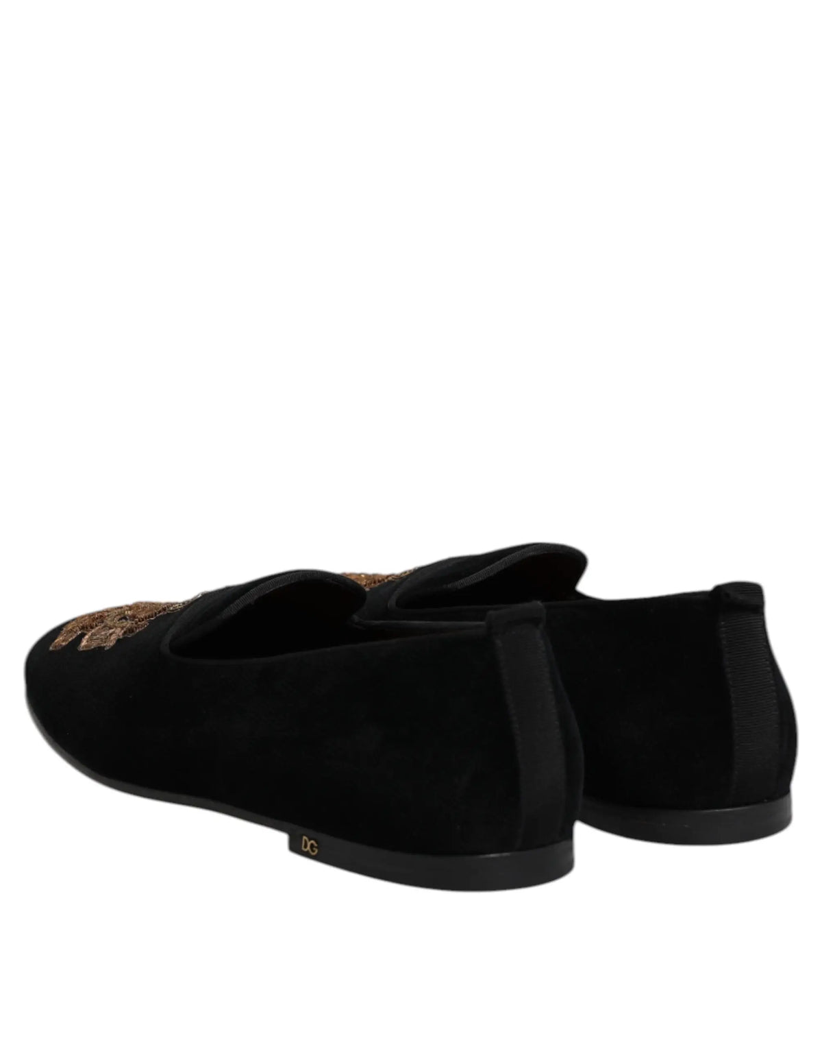 Dolce & gabbana loafers pour homme en velours noir avec détail brodé doré en forme de couronne sur le dessus