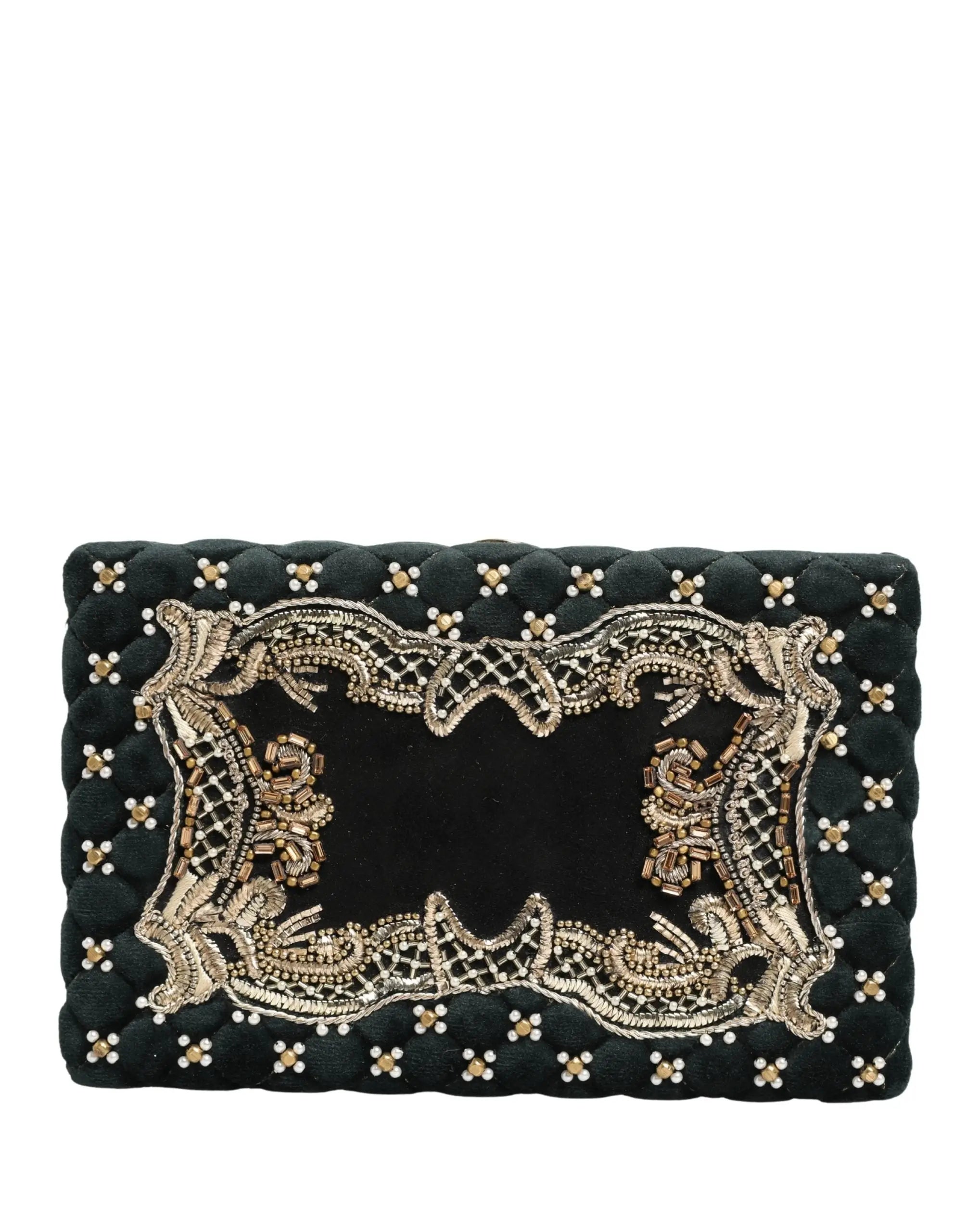 Dolce & gabbana black velvet clutch with intricate gold and silver beading in an ornate symmetrical design