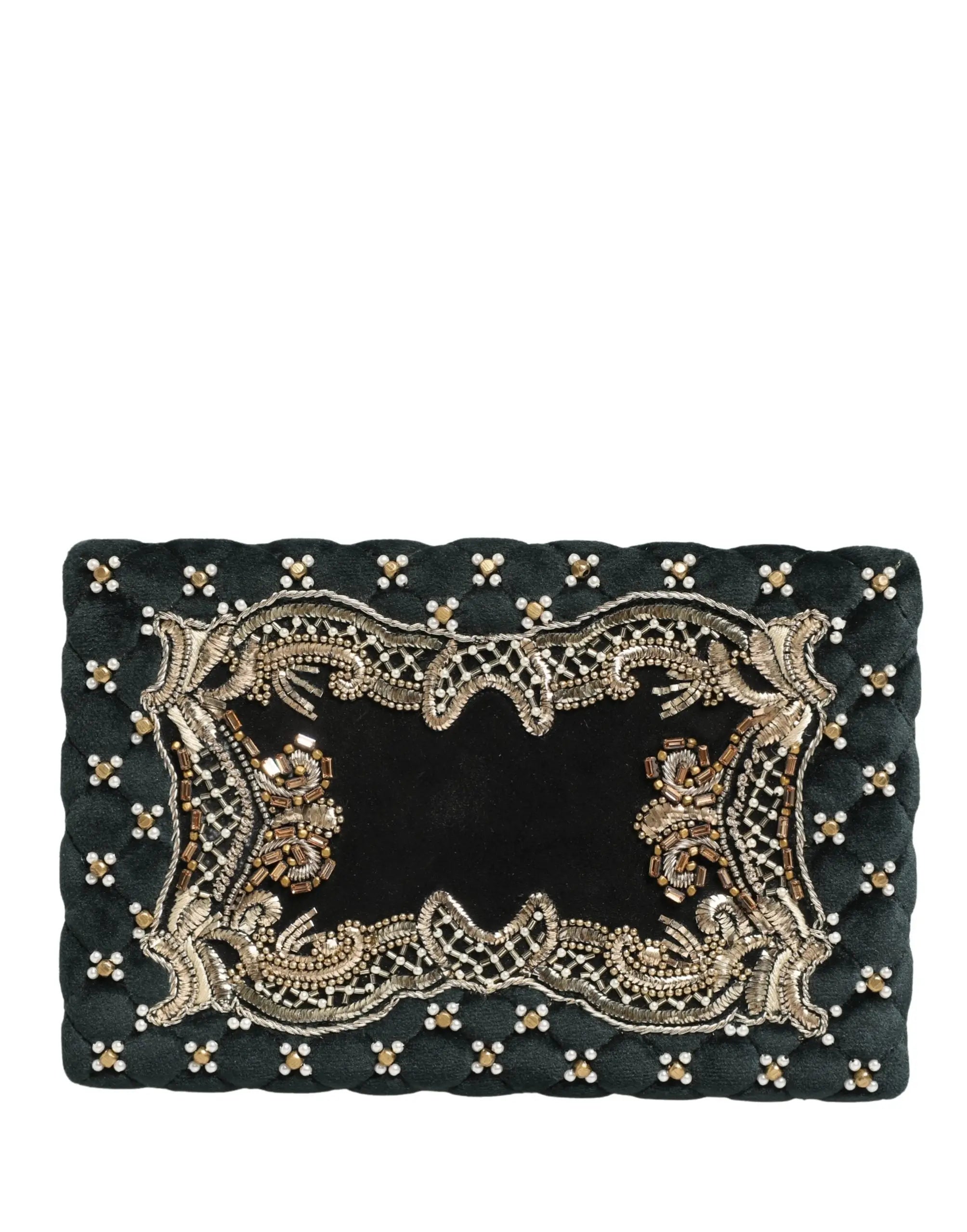 Dolce & gabbana black velvet evening clutch adorned with intricate gold and silver beading in ornate symmetrical pattern