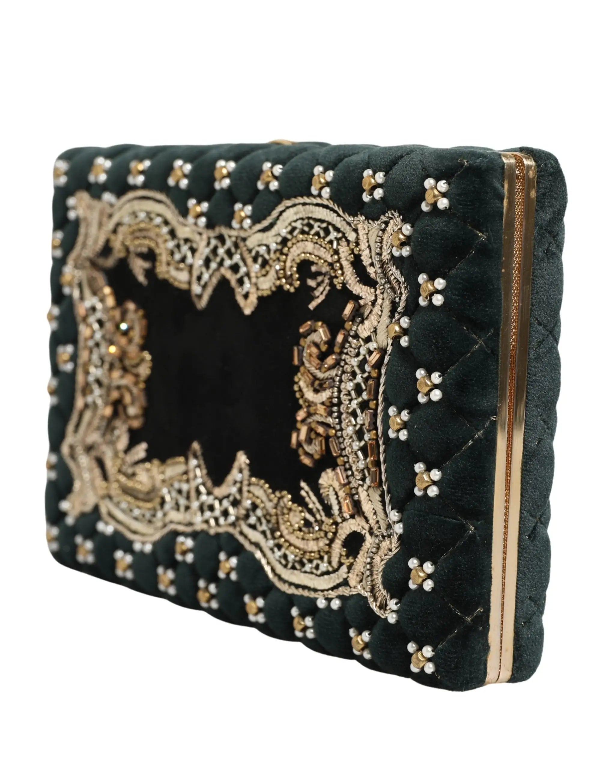 Dolce & gabbana clutch en velours vert foncé matelassé avec perles et broderies dorées pour soirée