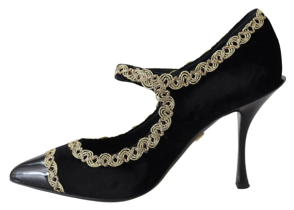 Dolce & gabbana black velvet mary janes pumps with gold metallic embroidery on toe strap and ankle