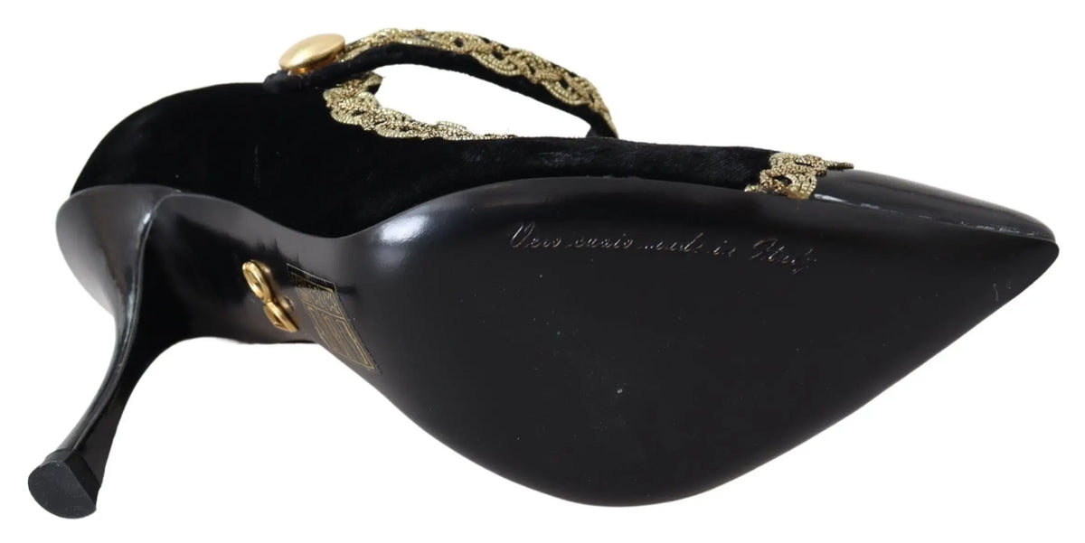 Dolce & gabbana mary janes en velours noir avec bordure en dentelle dorée et détails décoratifs en métal