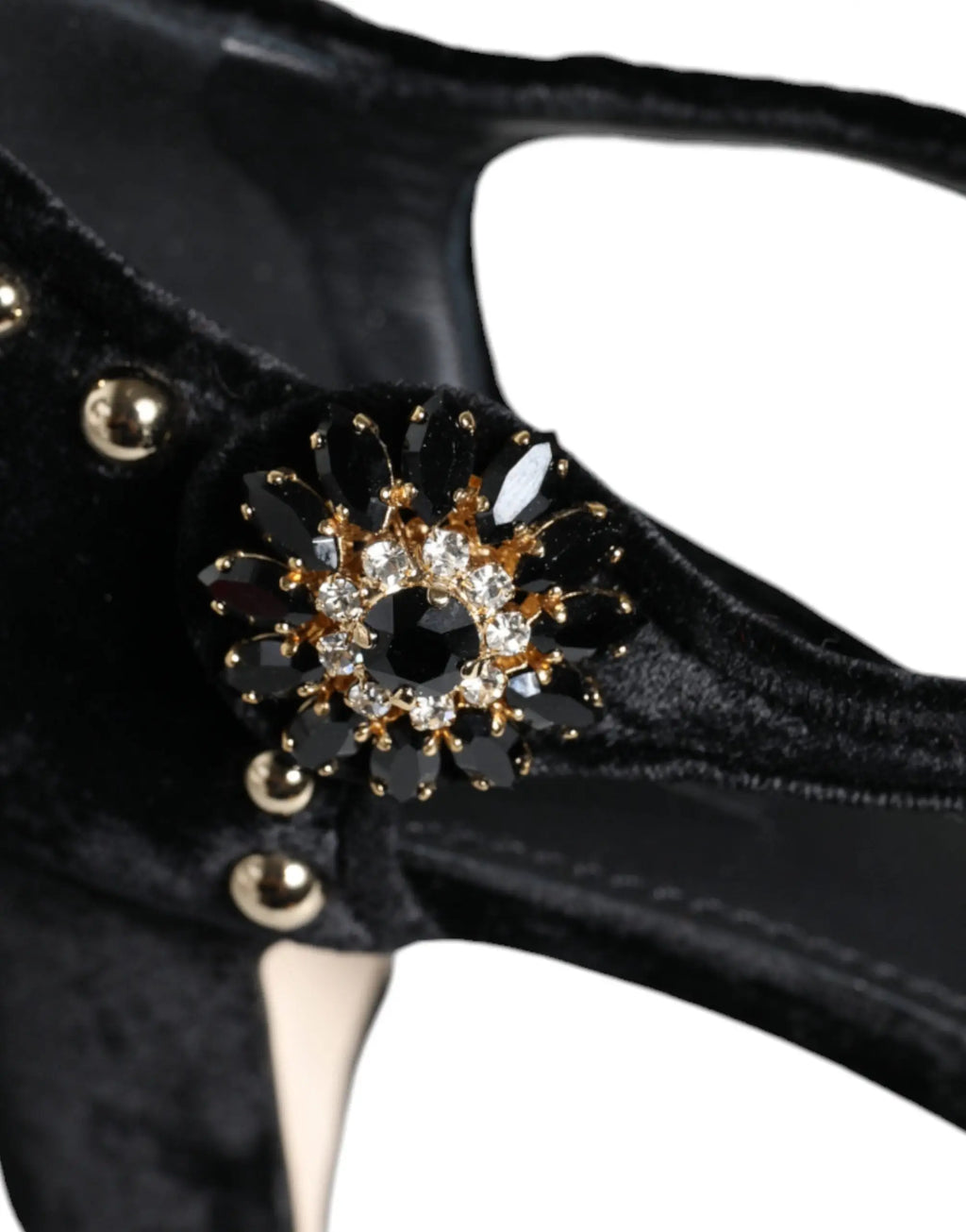 Dolce & gabbana escarpins à bride en velours noir avec embellissement en cristal doré et clous métalliques