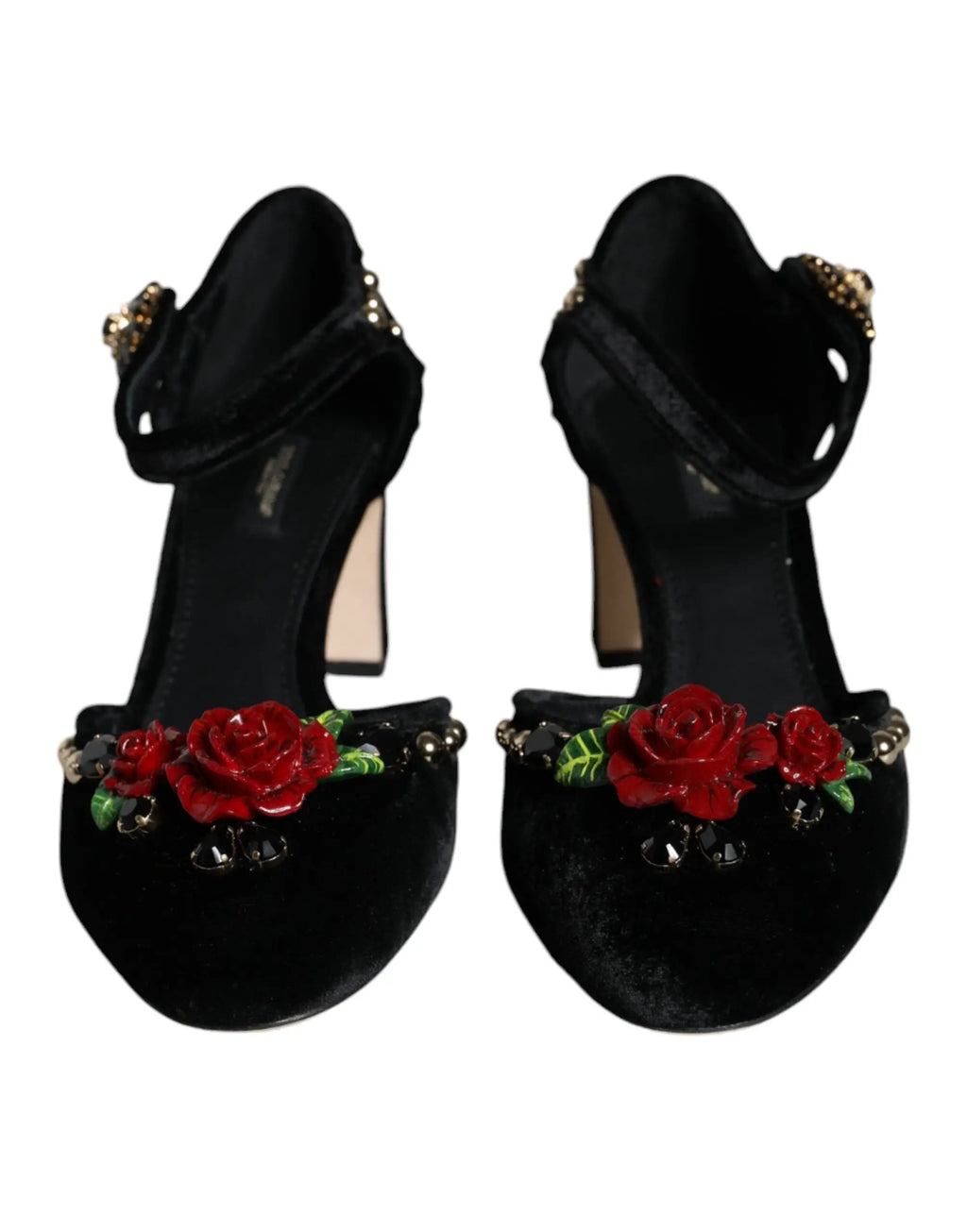 Dolce & gabbana sandales noires en velours à talons hauts ornées de roses rouges et feuilles vertes avec perles scintillantes