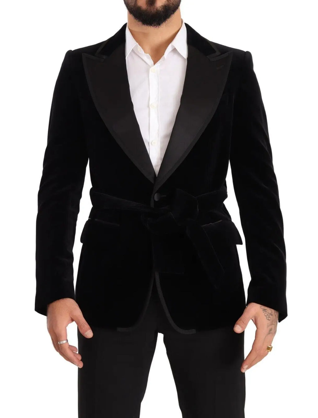 Dolce & gabbana blazer noir en velours avec un bouton unique, col en satin et ceinture assortie