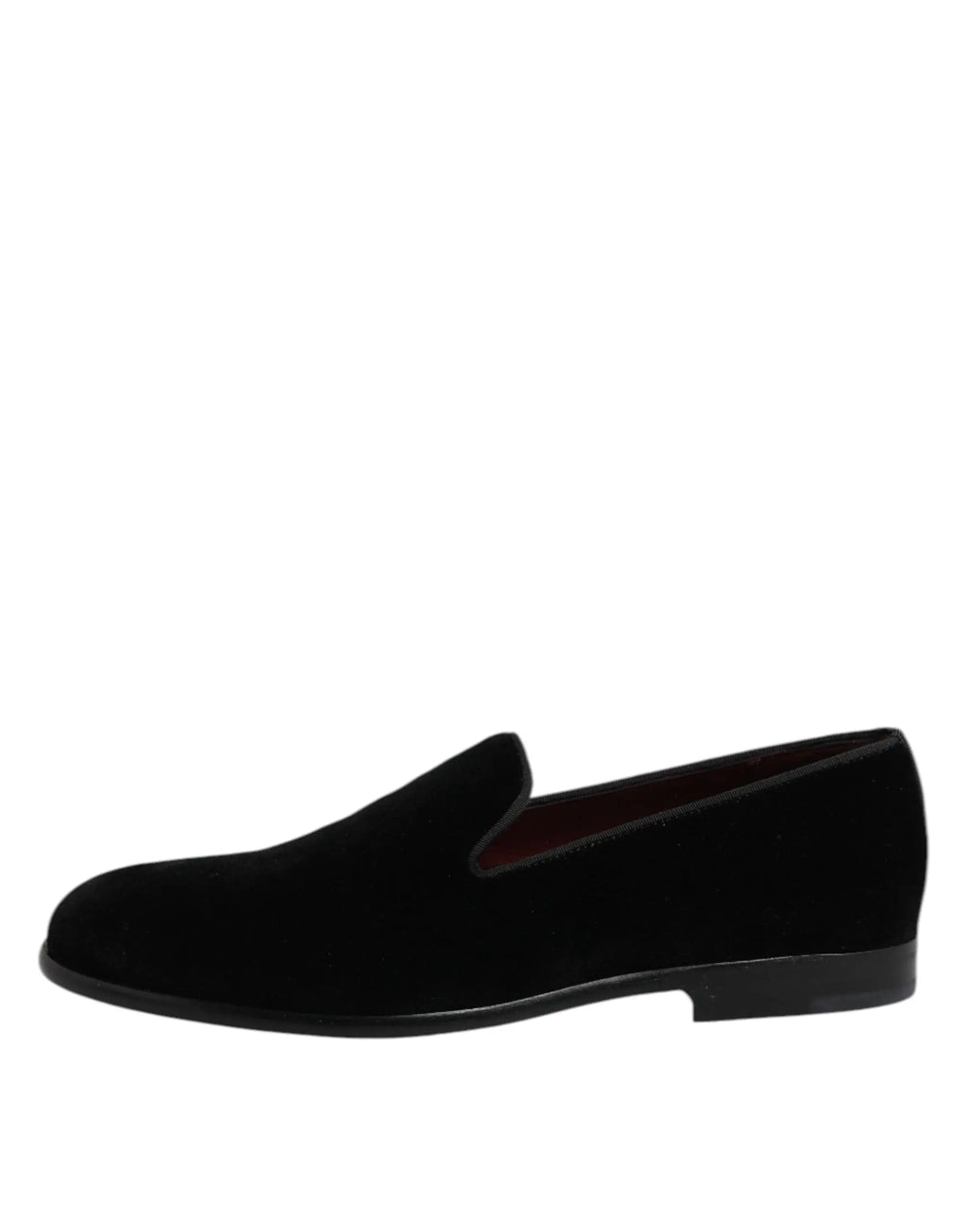 Dolce & gabbana mocassins noirs en velours avec semelle en caoutchouc lisse noire et doublure intérieure rouge foncé