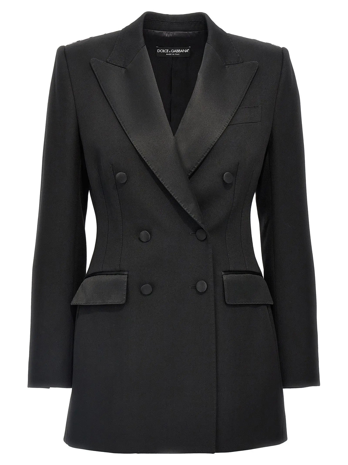 Dolce & Gabbana blazer noir en laine vierge avec revers en satin et boutons assortis double boutonnage
