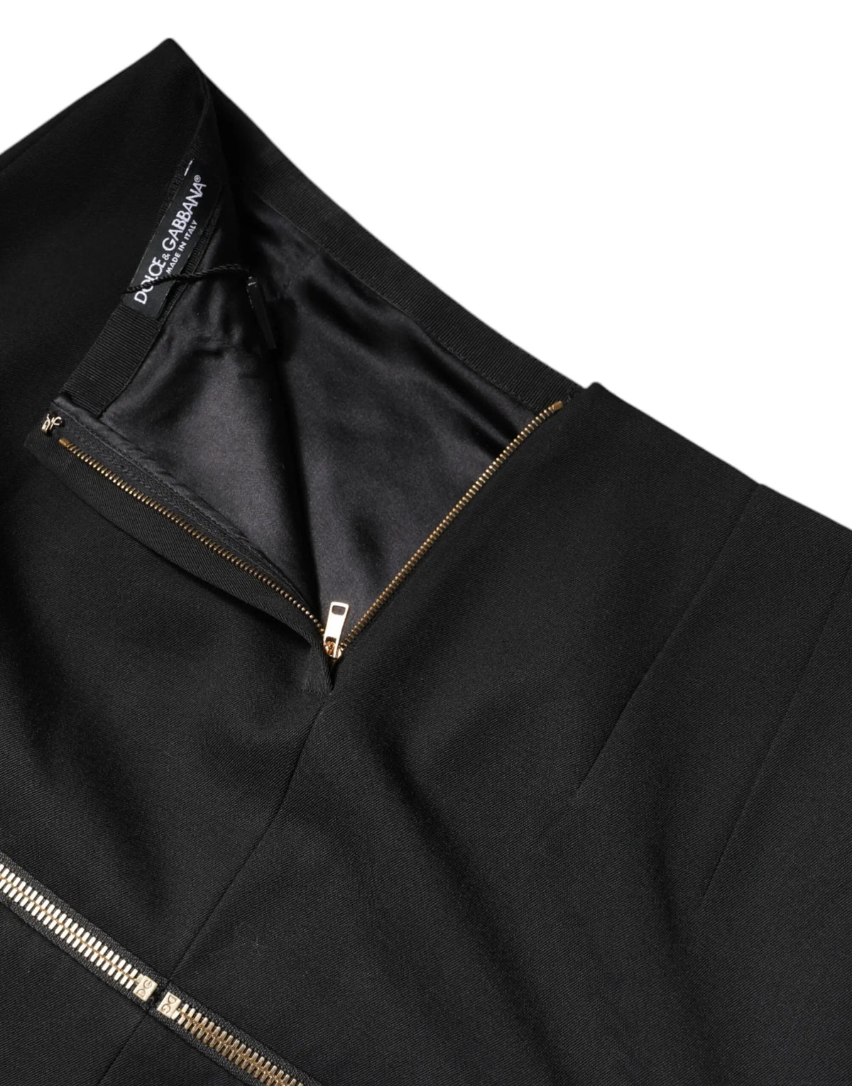 Jupe mini noire dolce & gabbana en laine vierge avec fermetures éclair dorées et doublure en satin