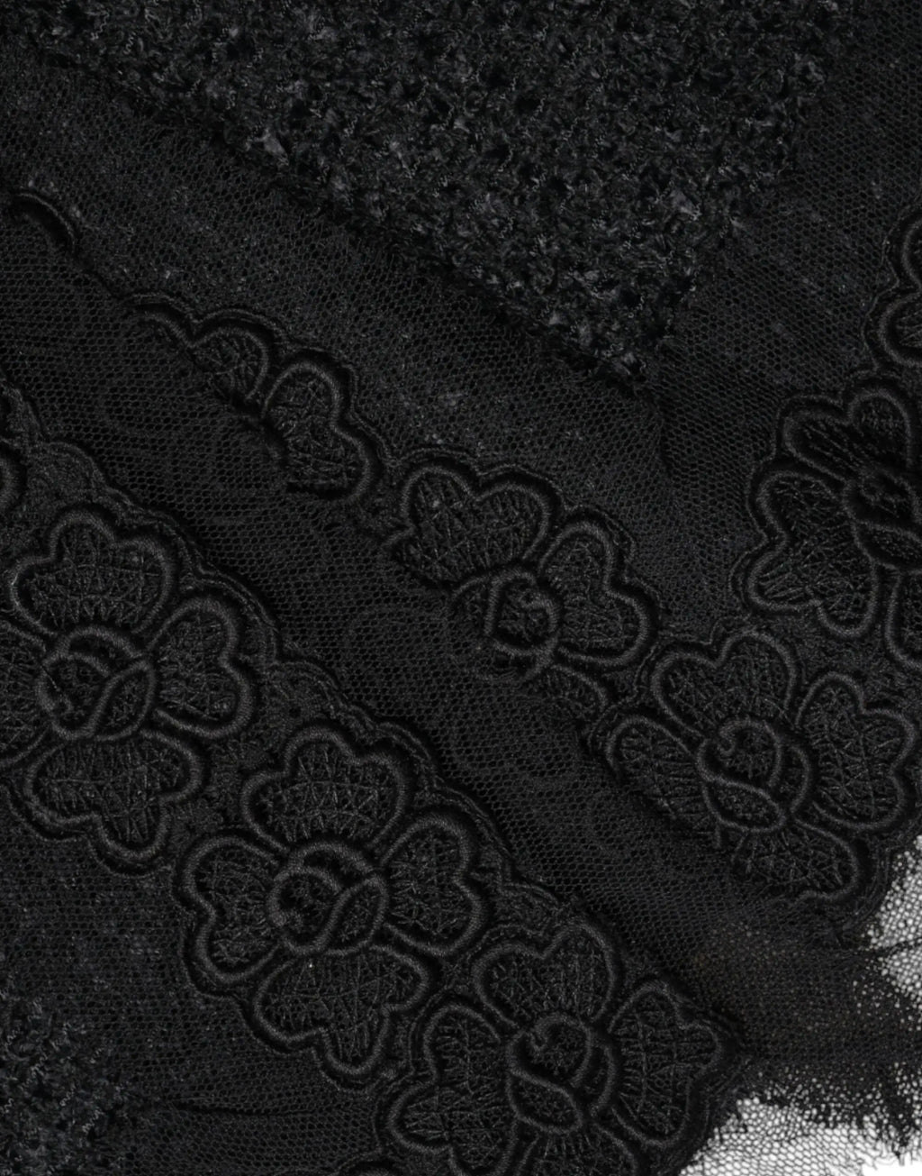 Dentelle florale noire avec bordure délicate brodée et tissu transparent texturé pour jupe midi crayon en laine vierge dolce gabbana