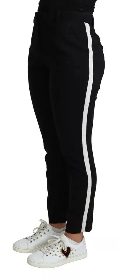 Pantalon skinny en laine vierge stretch noir dolce & gabbana avec bande blanche verticale sur le côté