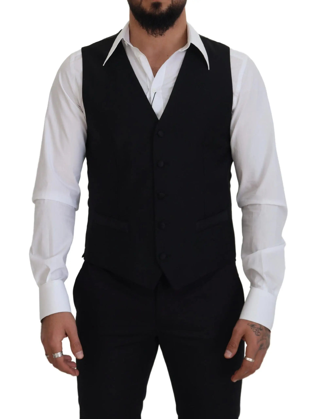 Dolce & gabbana black virgin wool waistcoat with classic button front and notched lapel worn over white dress shirt