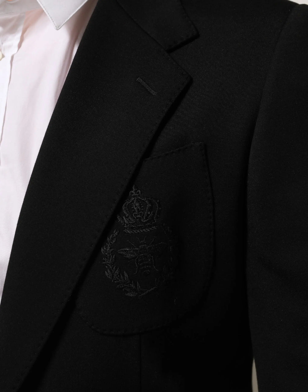 Dolce & gabbana blazer noir en laine avec écusson brodé discret à la poche poitrine en viscose et 2 boutons